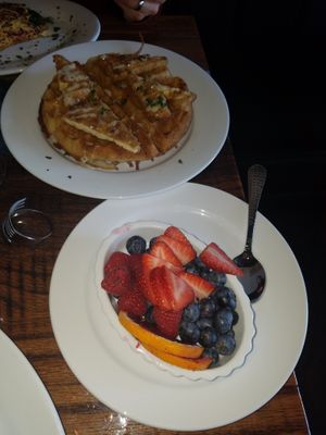Tofu and Waffles with seasonal fruit cup at Sanctuary Bistro in Charlotte