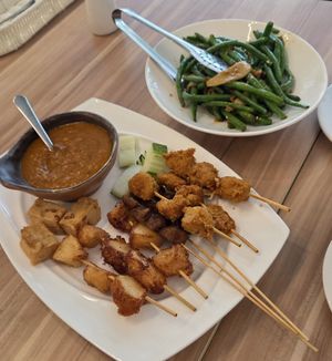 Signature Triple Satay Platter. Sautéed French Beans with King Mushrooms & Preserved Radish ⼲煸杏鲍四季⾖ at Mother Earth Classic Vegetarian 大地之素 (Balestier) in Central Singapore