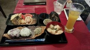 Japanese platter with mango juice  at Art Cafe ELK in Hiroshima