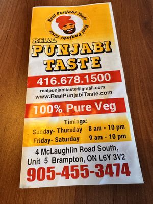 Front page of the menu  at Real Punjabi Taste in Brampton