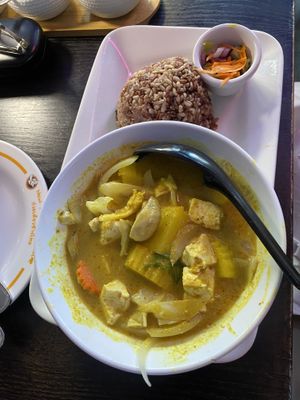Yellow curry w/brown ricee  at New Thai Elephant in San Mateo