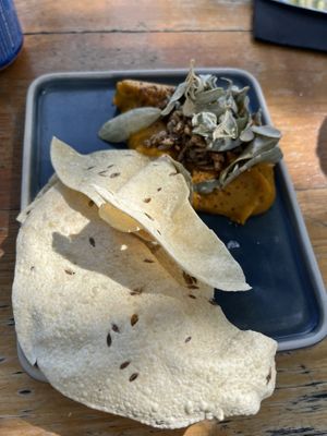 Pumpkin bharta (dip) with papadums. at The Branch in Swansea