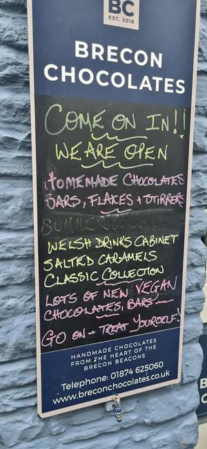Sign out the front of the store at Brecon Chocolates Limited in Wales