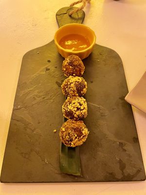 Cashew fruit fiber cakes to imitate crab cakes. Delicious ! at Zaza Bistro Tropical in Rio De Janeiro