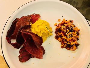 Beet chips with butternut squash purée and beets and carrots salad with molasses dressing/ at Zaza Bistro Tropical in Rio De Janeiro