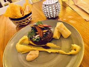 Sweet potato purée, fried yuca, caramelizes vegetables and garlic purée . at Zaza Bistro Tropical in Rio De Janeiro