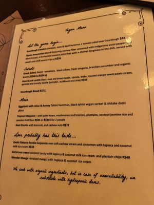 Current vegan menu   at Zaza Bistro Tropical in Rio De Janeiro