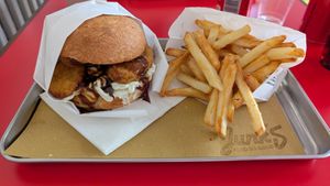 Godzilla burger and fries at Junk's Food So Good in Milan