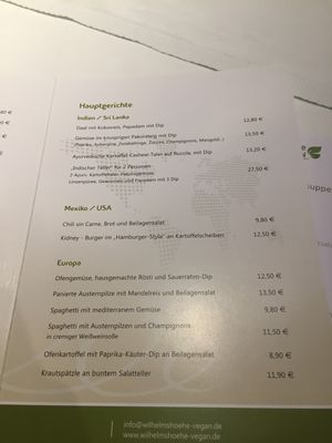 Menu  at Wilhelmshohe Vegan in Durnau