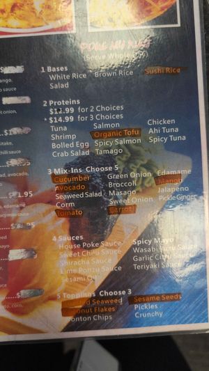 Poke bowl options at Kami Poke in Tallahassee