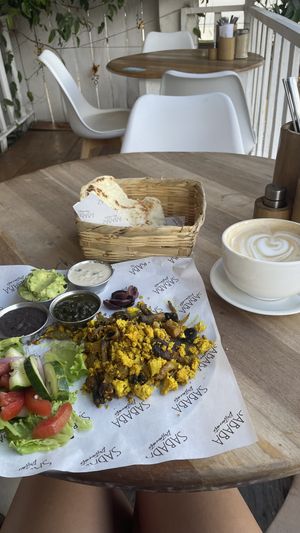 Vegan breakfast with a large cappucino   at Sababa Restaurant in Sololá