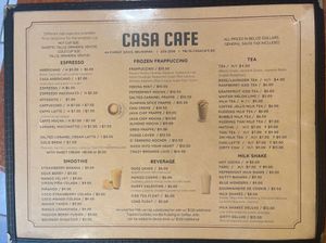 Drink menu  at Casa Cafe in Belmopan
