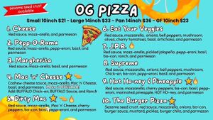 Original pizza menu at Love Amaro Pizzeria in Fontana