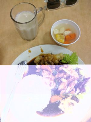 Soy Bean Milk, Kung Po Fried Battered Mushroom with a side of soup. at Yuan En Vegetarian  缘恩素食 in Penang