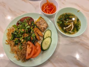 Broken rice $18: Good, the fried shredded pork skin is delicious, and fish sauce was delicious at Selina Hoang Lan Tinh Chay in Sunshine