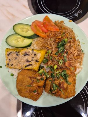 com tam/broken rice $18: good, the bi is yummy with the delicious seasoning, the fried things were good, delicious fish sauce at Selina Hoang Lan Tinh Chay in Sunshine