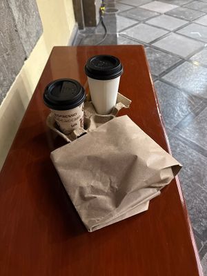 Early morning veggie ciabatta + Americano + karat with oat milk. Yummy  at La Foule Cafetería  in Ciudad De México