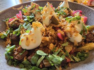 Rendang loaded fries at Copper Branch in Haarlem
