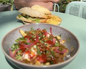 Rendang fries in front, very good. Blt in back, was okayy  at Copper Branch in Haarlem