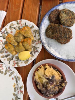 stuffed zucchini flowers, Cretan-style fava, and herb fritters   at Gürkan'ın Yeri in Ayvalık