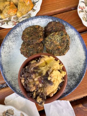 stuffed zucchini flowers, Cretan-style fava, and herb fritters   at Gürkan'ın Yeri in Ayvalık