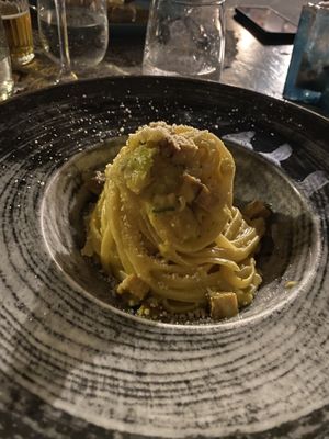 Vegan Pasta carbonara with smoken Tufo  at Moon in Siracusa