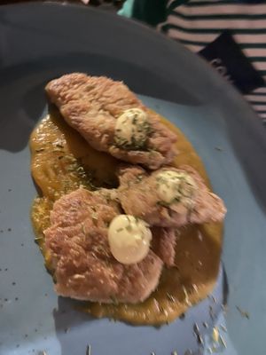 Vegan Soya Filets on potatoe and carrot Purree   at Moon in Siracusa