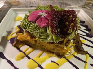 Stunningly beautiful and absolutely delicious! Millefeuille of vegetables with spiced soya strips  and cashew pesto! Completely recommend!  at Moon in Siracusa