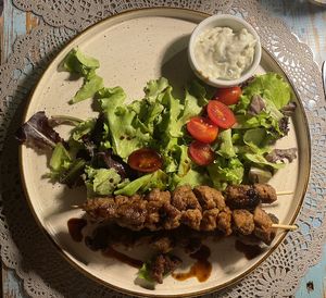 Skewers of soya nuggets and tzatziki, flavoursome and yummy!   at Moon in Siracusa