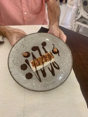 Steve’s almond dessert was decadent & gorgeous   at Moon in Siracusa
