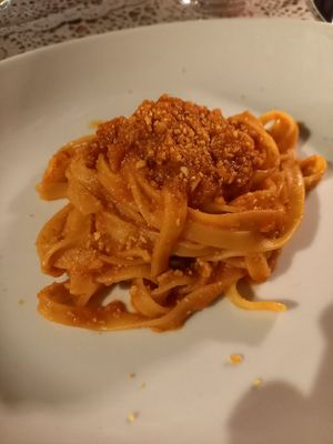 Tagliatelle with vegan ragu - delicious! at Moon in Siracusa