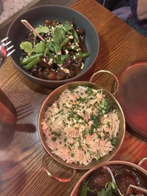 Aubergine and garlic rice   at TANGRA in London