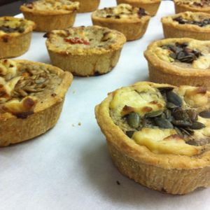 Wonderful big and small quiche, with vegtables and vegan cheese at Seeds in Tel Aviv