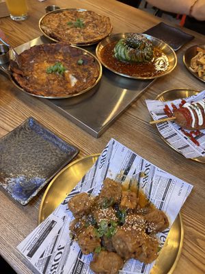 kimchi pancakes, cucumber salad & tofu bites in the front (corndog on the right not veg)  at MATJO - BBQ & HOTPOT in Dresden