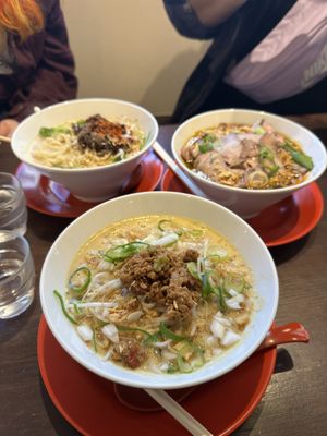 Front is the creamy ramen, back left is the miso ramen (right back is with meat)  at ANDRYU★ - らーめん薬膳担々麺　アンドリュー★ in Osaka