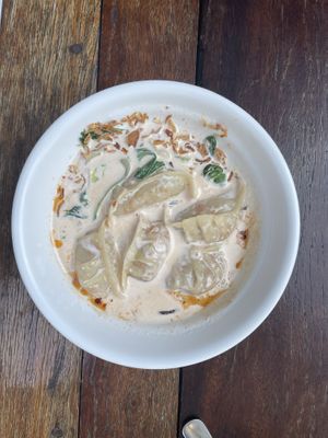 Dumplings in coconut soup with curry   at Vegan mama in Chiang Mai