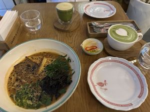Ramen, matcha, turmeric latte   at Cynics in Moscow