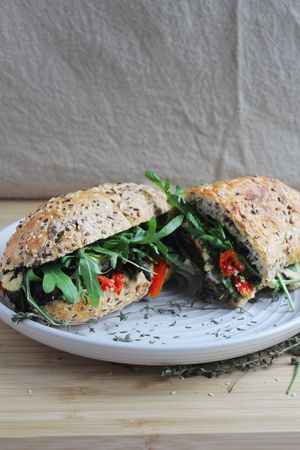 The Forager 
Roasted mushrooms & red peppers, cashew cheese, pesto & fresh rocket on a wholemeal ciabatta.
  at The Roots in Queenstown