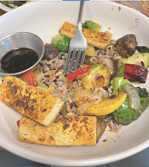 vegan vegetable rice bowl with added tofu at Blue Wing Frog in Strasburg