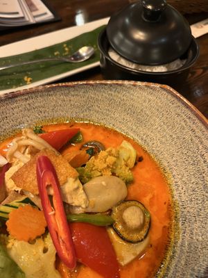 Red curry; accurately classified as medium spice; builds up a little spicy heat over timee  at Vegan Garden Friedrichshain in Berlin