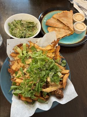 Mac fries, side caesar and jen’s BBQ chickun quesadilla (with gar-parm sauce)  at The Hearty Hooligan in Hamilton