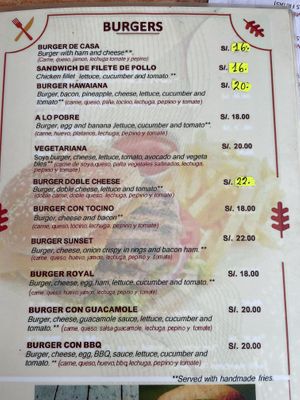 Veggie burger on menu  at RESTAURANTE HUACACHINA SUNSET in Ica