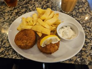 Vegan fishcakes and chips at Hetty and Betty in Whitby
