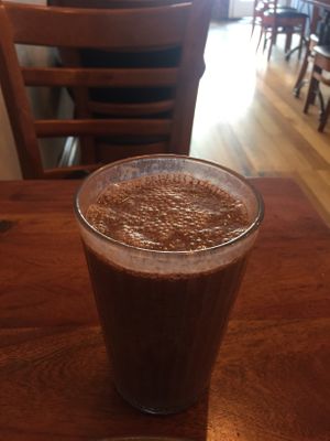 Blendered soy milk and cocoa for $7 at Radhey Chai Bar in Fitzroy