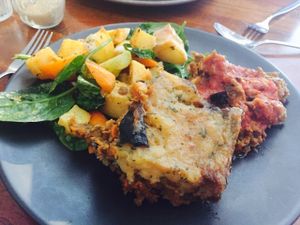 Eggplant moussaka & roast veg salad at Radhey Chai Bar in Fitzroy