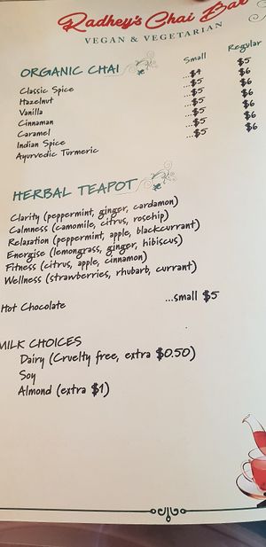 Teas and milk choices at Radhey Chai Bar in Fitzroy