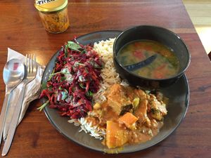 $10.80 plate: rice, Moroccan chickpea curry, channa dhal at Radhey Chai Bar in Fitzroy