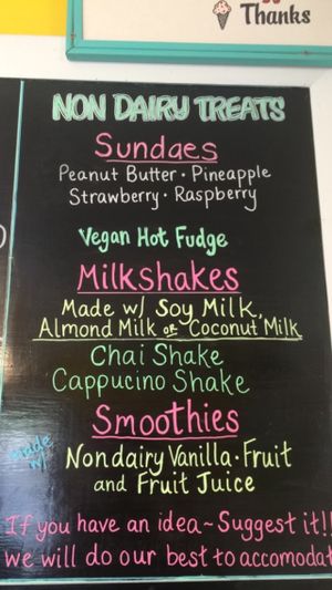 Portion of the menu (excluding the dairy-free vanilla/chocolate twist soft serve and a few others) at Ice Cream Cafe in Orleans