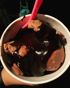 Hard serve vegan chocolate with vegan hot fudge at Ice Cream Cafe in Orleans