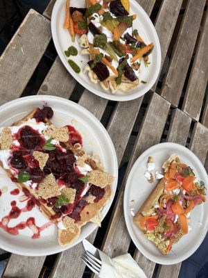 Waffles! Berrylicious (bottom left), peas (right), and antipasti  at Café Schwestis in Sachsen